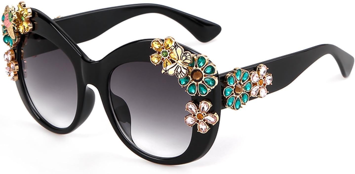 

Винтажные большие солнцезащитные очки с цветочным узором и бриллиантами для женщин, ретро-очки в стиле «кошачий глаз» 80-х годов, круглые солнцезащитные очки для женщин WNCKSQ, C1 Black