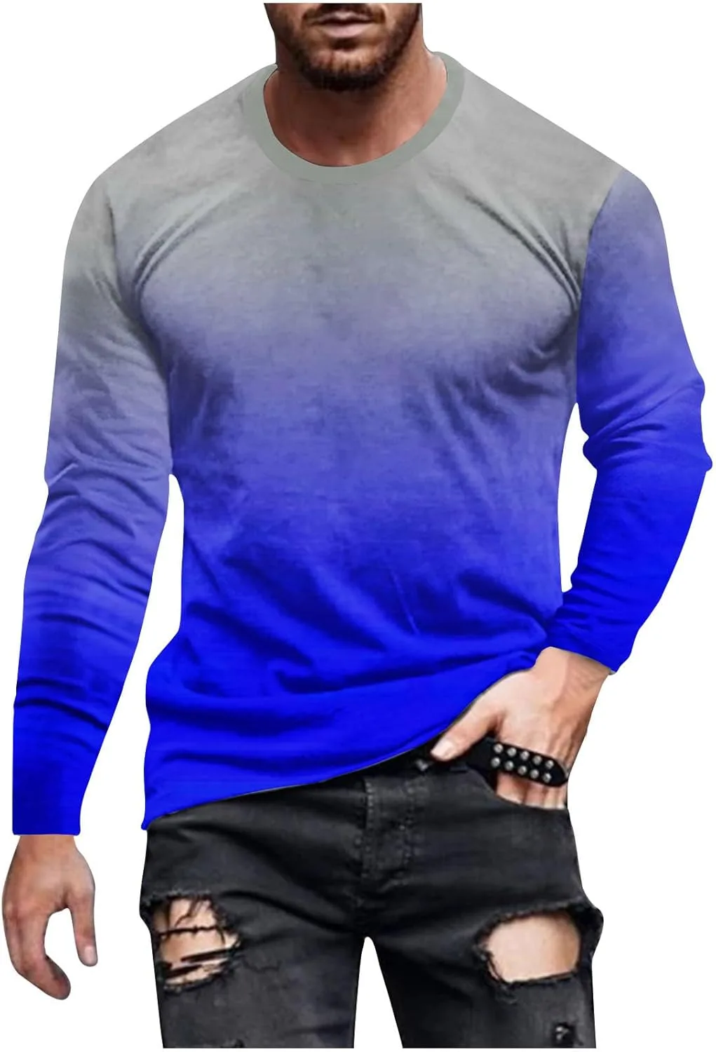 

Футболка для мужчин с длинным рукавом Casual Loose Gradient Color Print FZYLQY