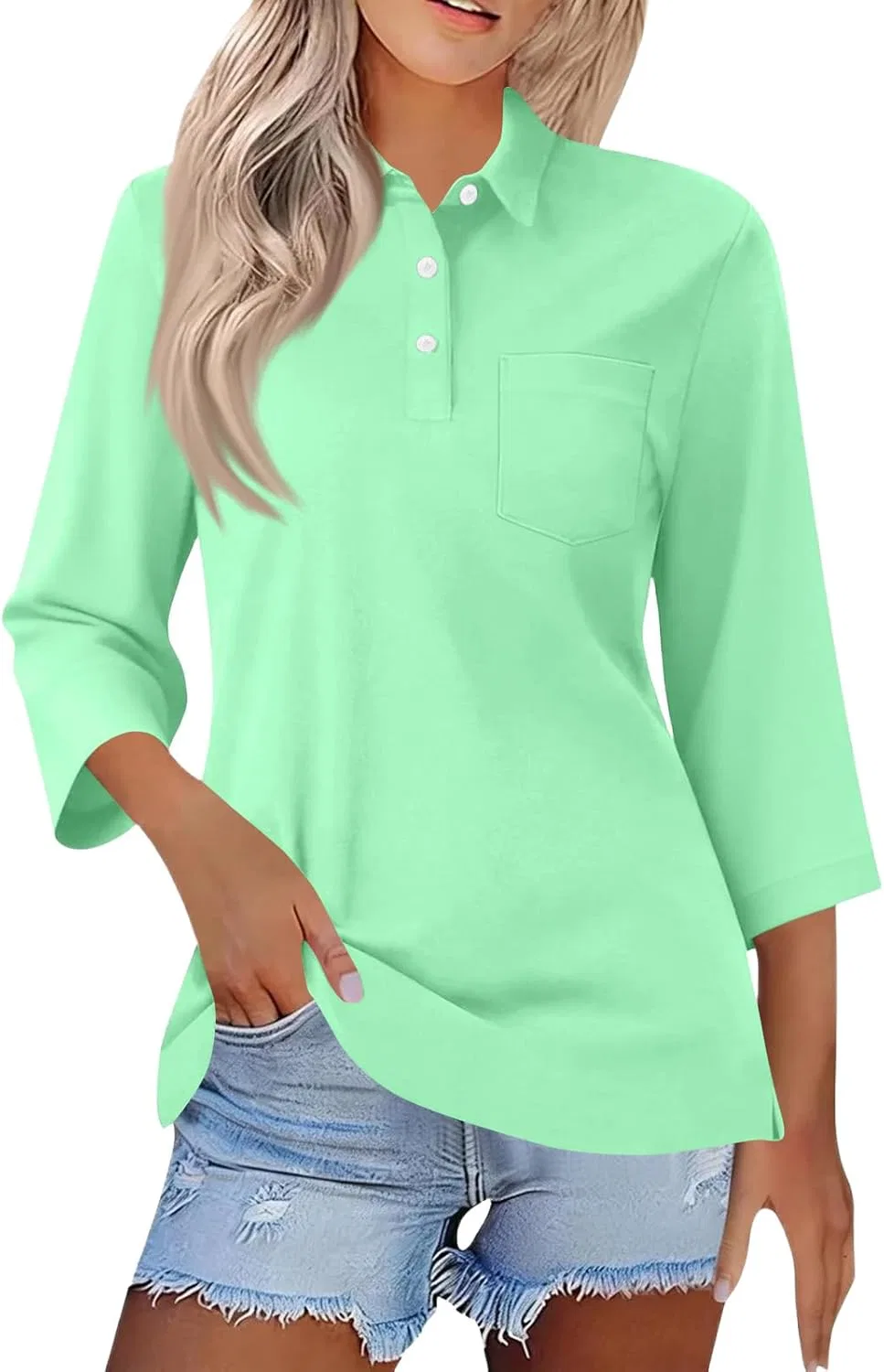 Поло для женщин с рукавом 3/4, бренд Generic, цвет B03 Mint Green — фото 2