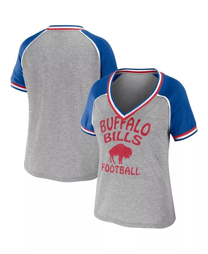 

Женская футболка Heather Grey Buffalo Bills Throwback реглан с v-образным вырезом Wear By Erin Andrews