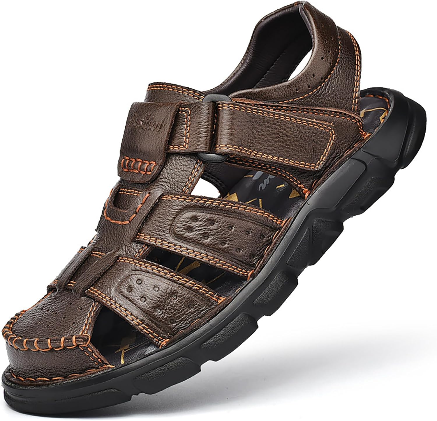 

Мужские сандалии-рыбацкие с закрытым носком из натуральной кожи, регулируемые на липучке, для повседневного ношения, походов, удобные, нескользящие, для пляжа, спорта, прогулок и путешествий Rynkoma, темно-коричневый