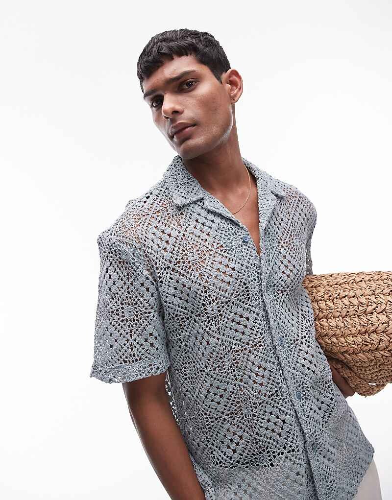 

Синяя рубашка с короткими рукавами Topman – с сетчатой ​​структурой, связанной крючком