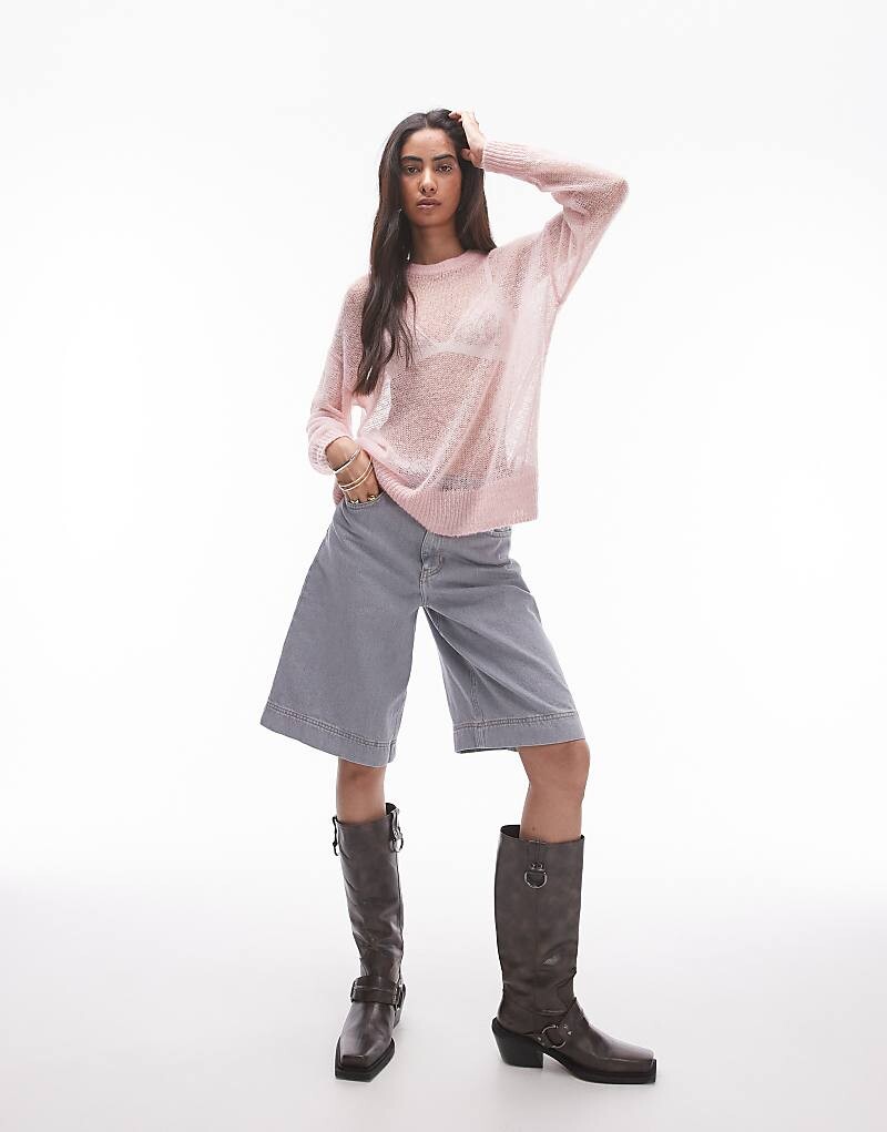 

Topshop – Длинный розовый вязаный свитер прозрачной вязки