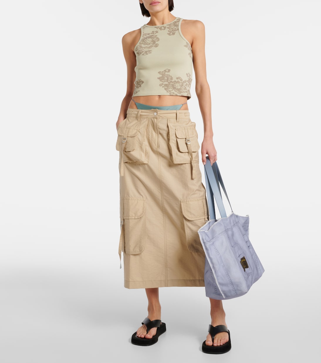 Принтованное ребристое майка из хлопковой смеси Acne Studios, Sage Green — фото 2