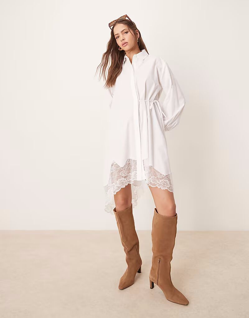 

Платье-рубашка ASOS DESIGN с завязками по бокам и асимметричным кружевным подолом белого цвета