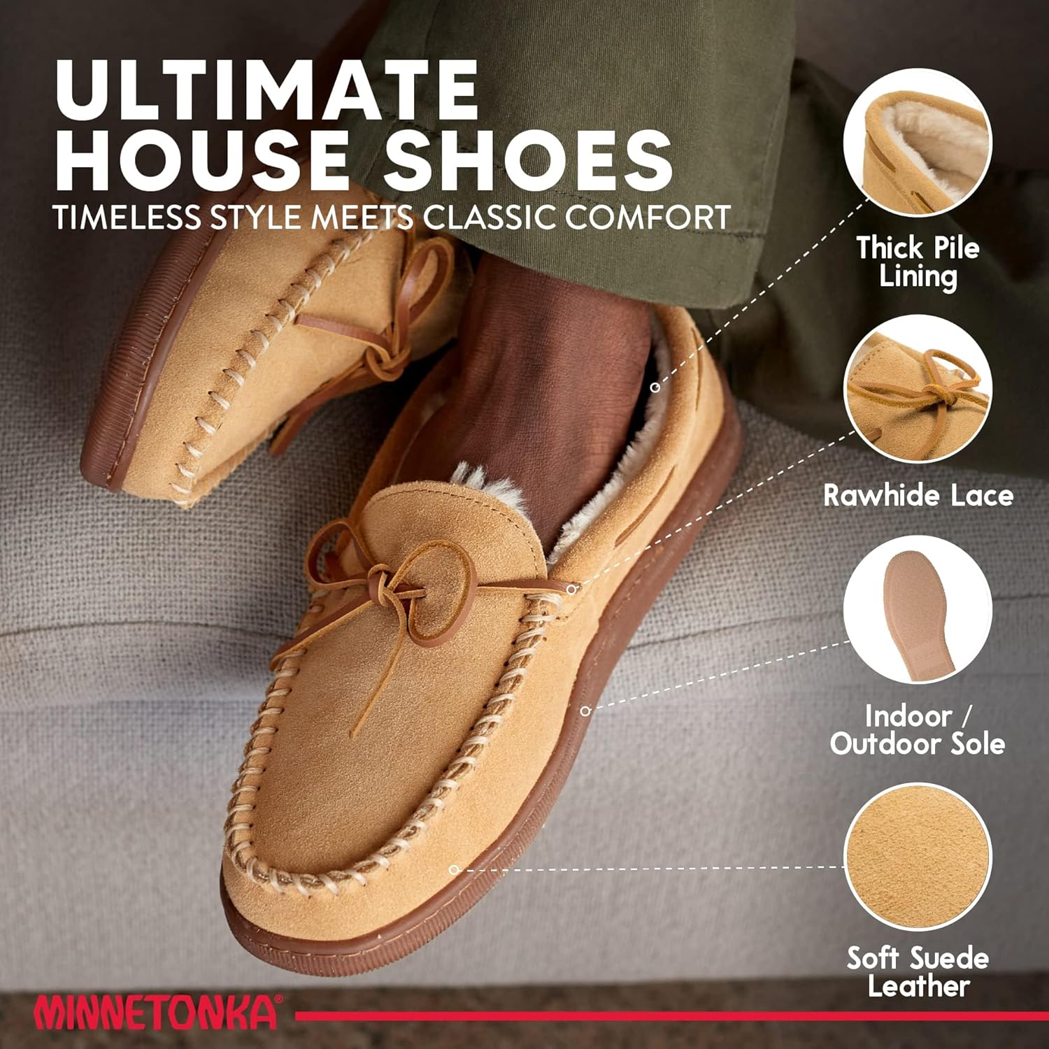 Мужские тапочки Minnetonka с плюшевой подкладкой и жесткой подошвой, коричневый — фото 3