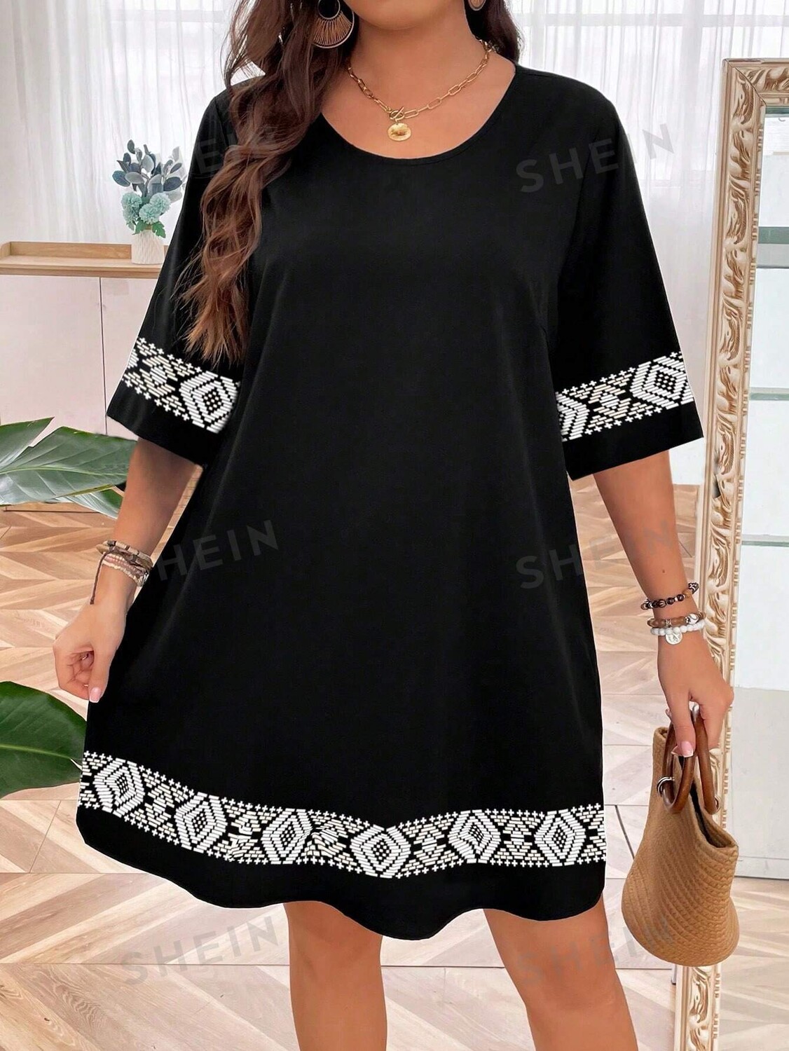 

LUNE Платье больших размеров, Женское свободное платье с геометрическим узором, v-образным вырезом и короткими рукавами, летняя ткань Shein, черный