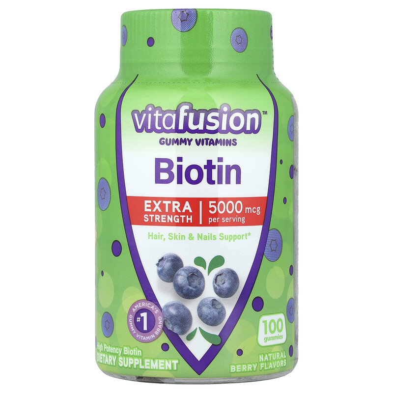 

VitaFusion, Биотиновые жевательные витамины, с повышенной силой действия, натуральные ягоды, 5000 мкг, 100 жевательных таблеток (2500 мкг в жевательной таблетке)