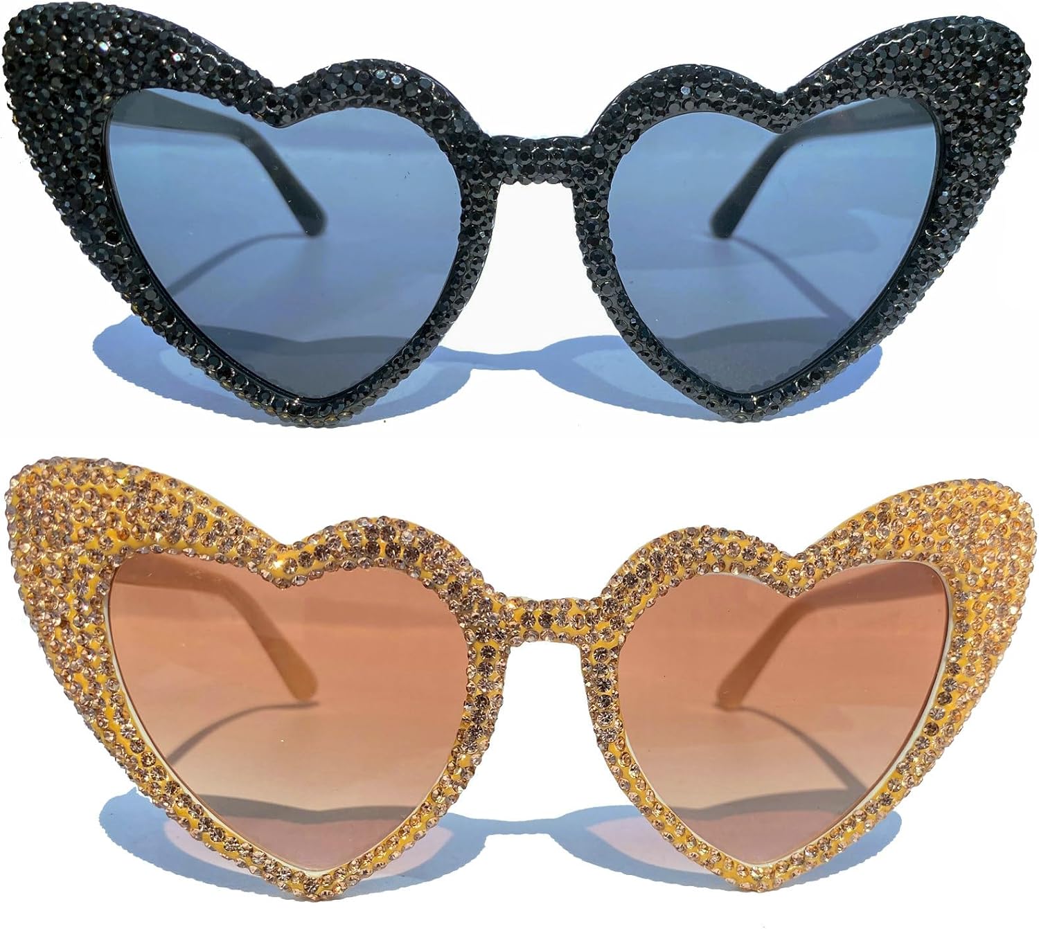 

Милые женские солнцезащитные очки в форме сердца, модные, блестящие, с бриллиантами, многоугольные, с розовыми стразами, с защитой от УФ-излучения mincl, 2pcs-black&brown