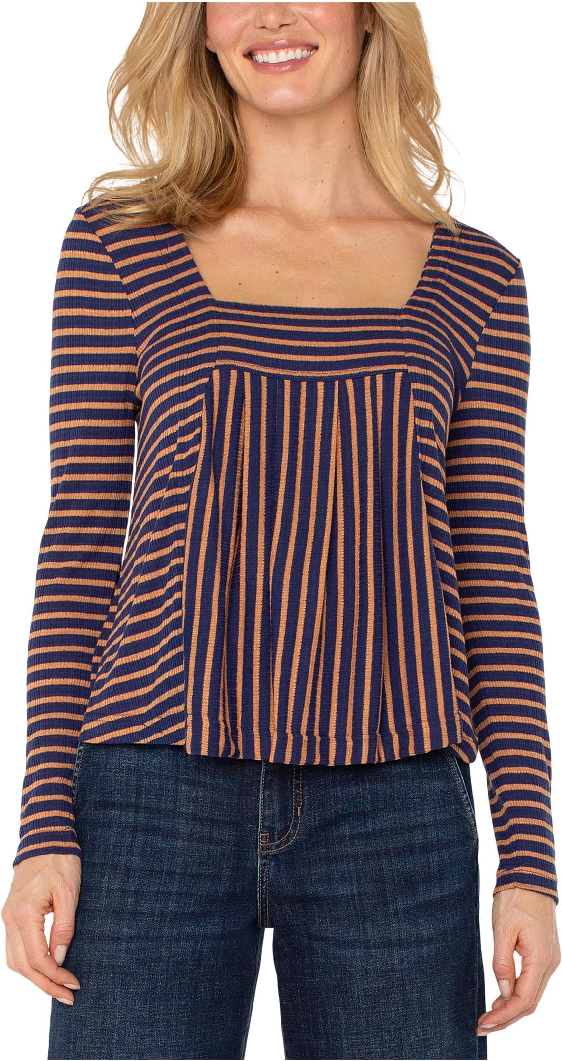 

Женский трикотажный топ с длинными рукавами и квадратным вырезом Liverpool Los Angeles, Blue/Ginger Stripe