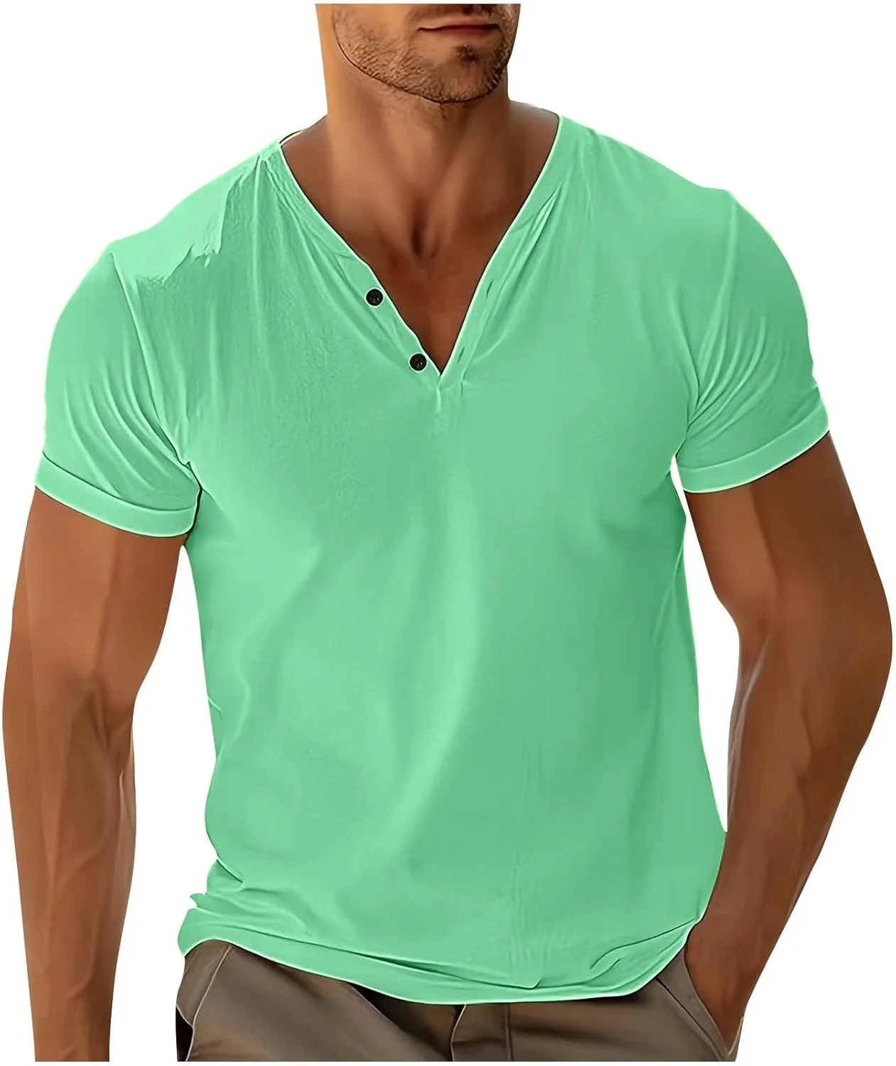 

Мужская футболка с V-образным вырезом и пуговицами, хлопковая, летняя