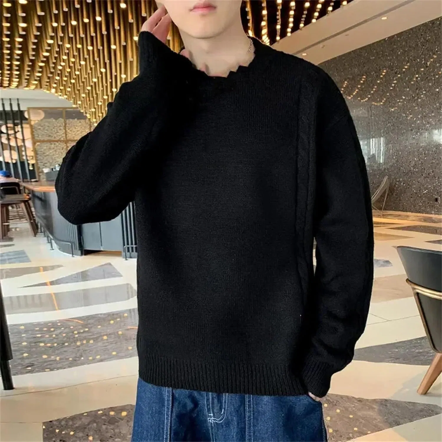 Generic Желтый свитер мужской зимний однотонный шерстяной свитер slim fit мужской стритвир O-образный воротник вязаный свитер ретро пуловер для мужчин — фото 4