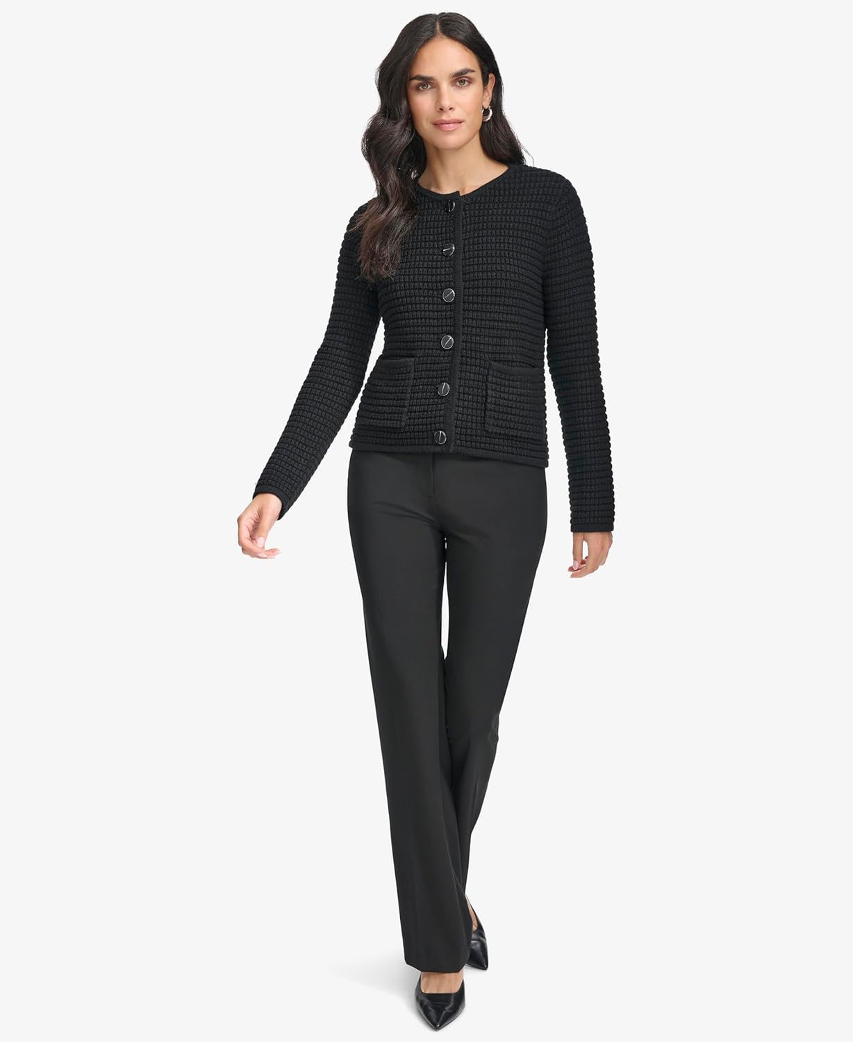 

Женский твидовый свитер с длинными рукавами и пуговицами спереди от Calvin Klein, Black