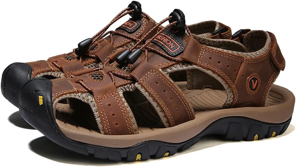 

Мужские кожаные походные сандалии для активного отдыха с закрытым носком, водонепроницаемые противоскользящие сандалии-рыбаки для пляжа и воды Abborora, темно-коричневый