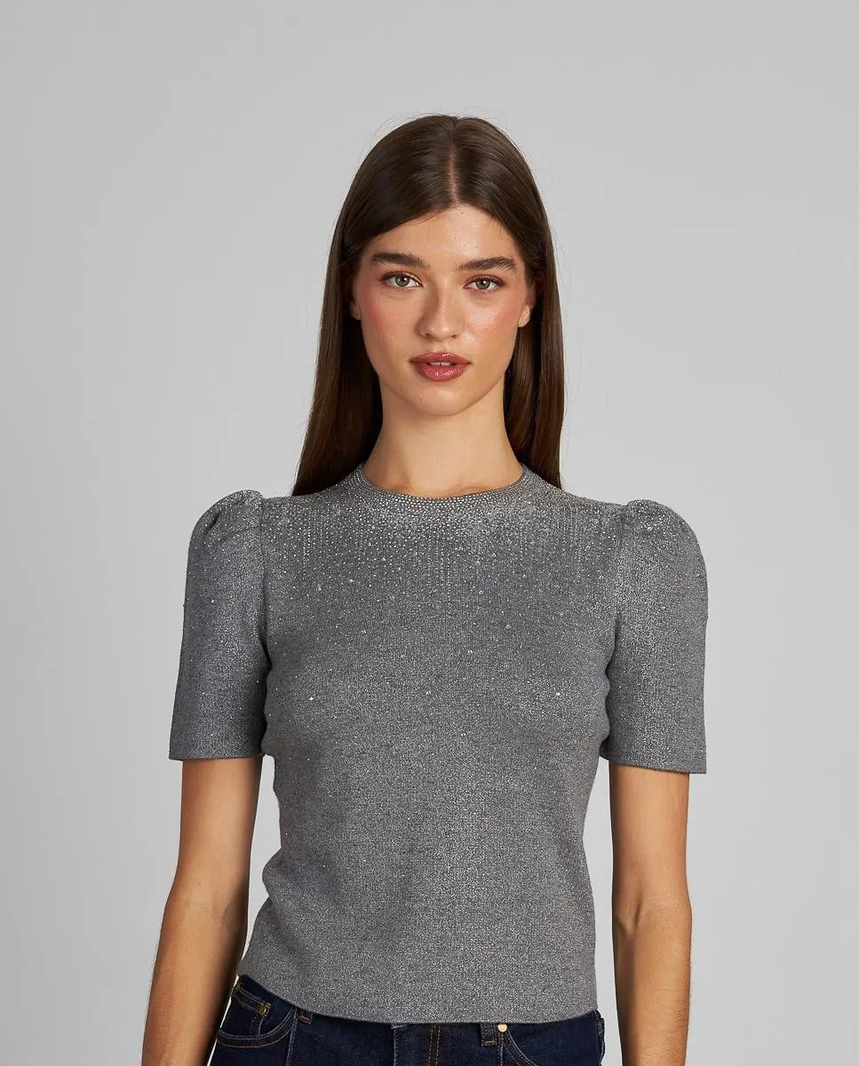 

Женский вязаный топ с декоративными камнями и круглым вырезом Alma en Pena, серый