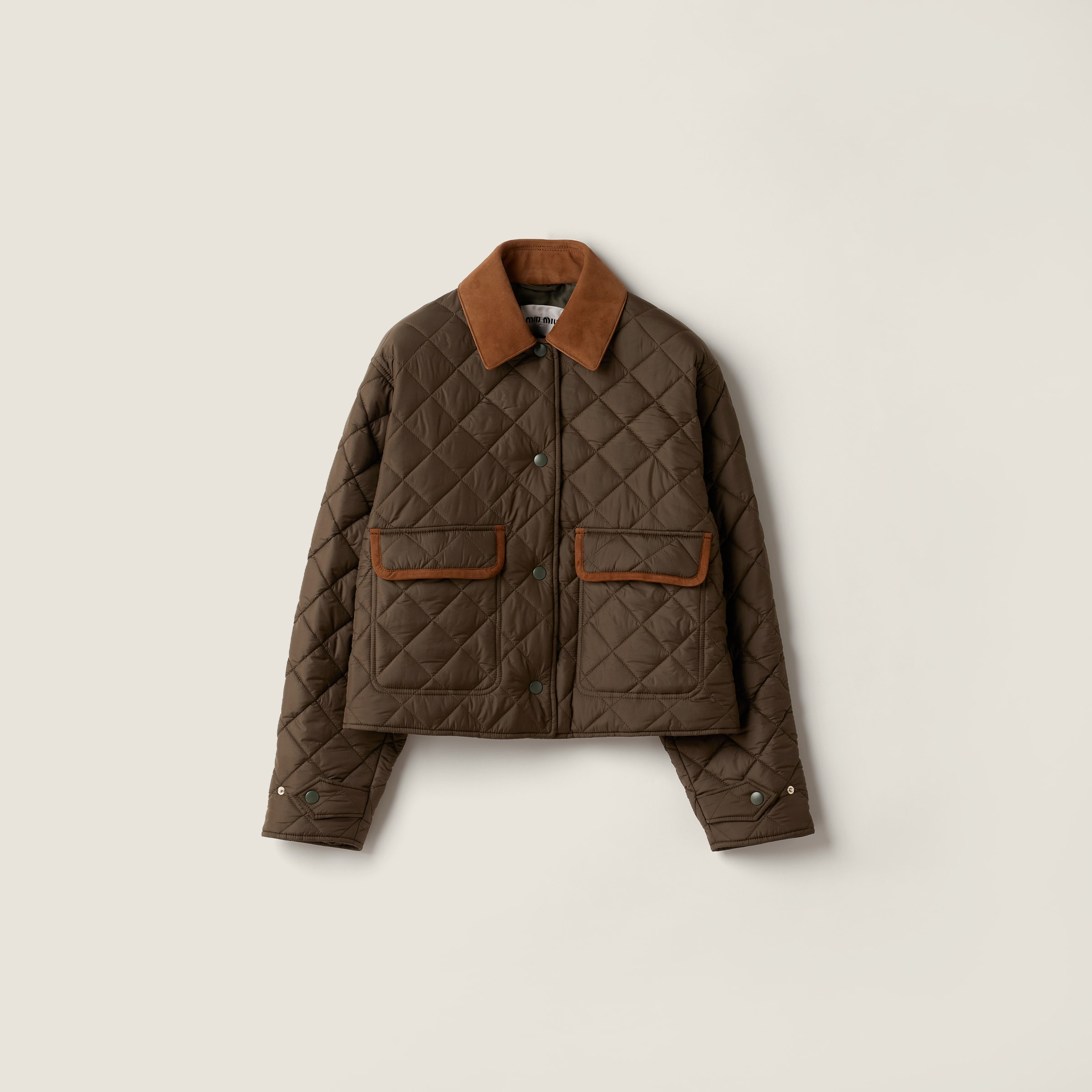 

Стеганная блузоновая куртка из технического понже MIU MIU, милитари зеленый