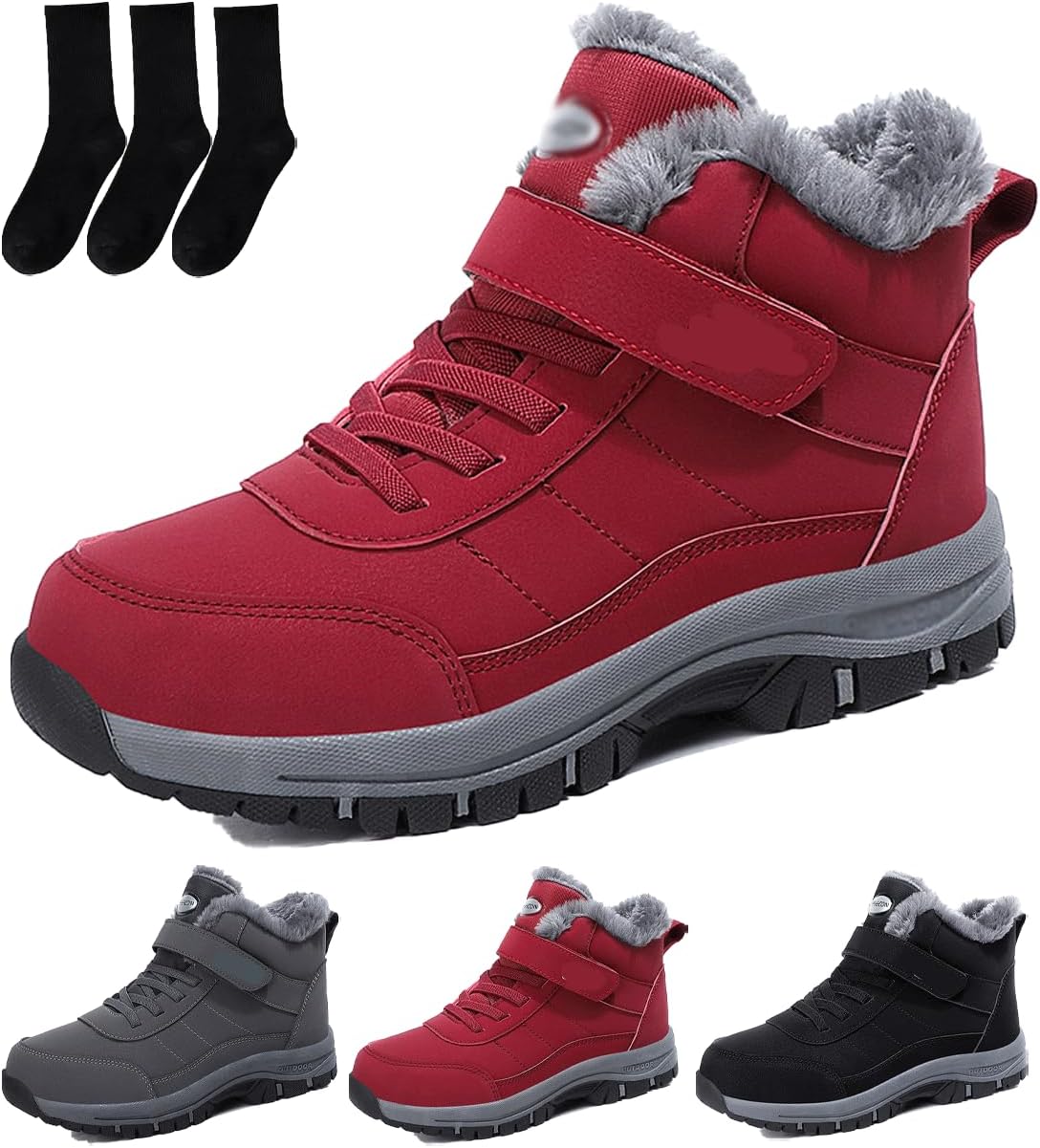 

Теплые зимние ботинки с меховой подкладкой для мужчин и женщин, теплые и водонепроницаемые зимние ботильоны, прочные, удобные и нескользящие Generic, красный
