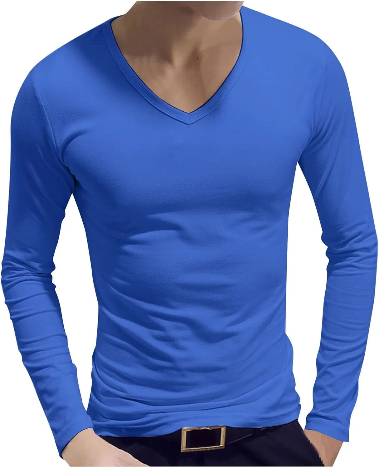 Мужская футболка с длинным рукавом V-образным вырезом, дышащая, Generic, Light Blue