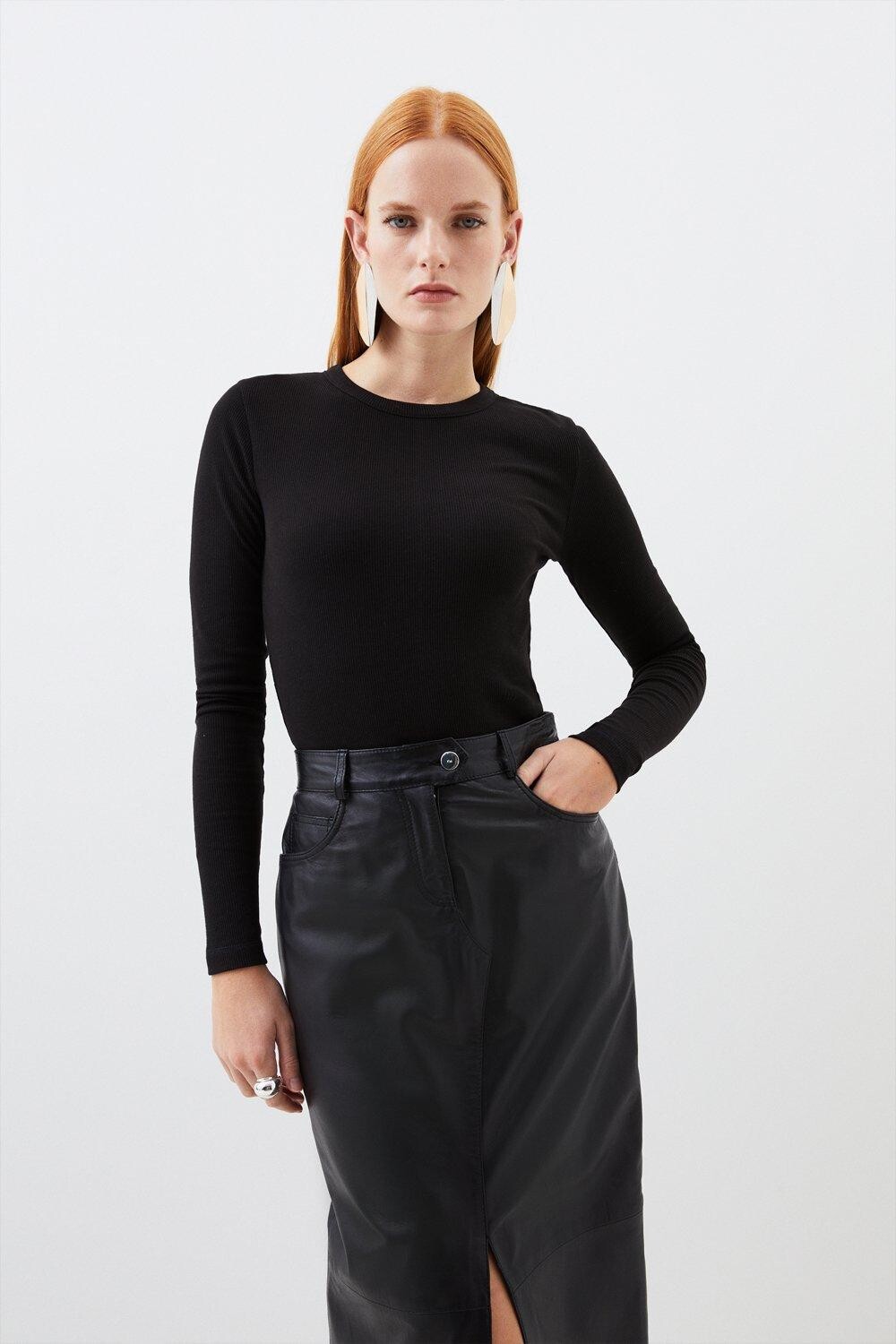 

Компактный трикотажный топ в рубчик с длинными рукавами Karen Millen, черный