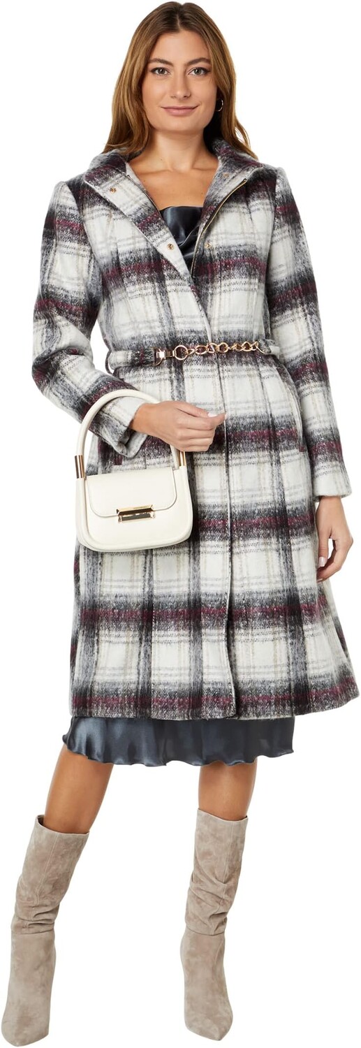 

Шерстяное пальто с поясом-цепочкой V22753X Vince Camuto, цвет Wine Plaid