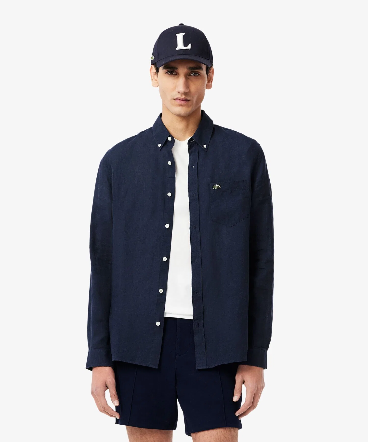 Рубашка Lacoste мужская с длинным рукавом, воротник button-down, 100% лен, синий