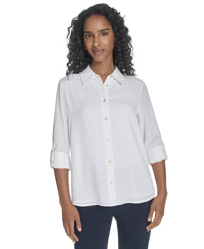 

Женская рубашка облегающего кроя в мелкий горошек с отворотом на рукаве Tommy Hilfiger, белый