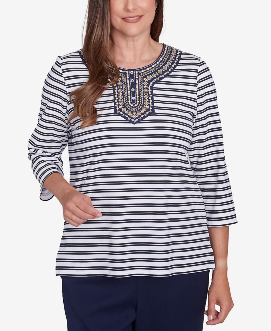 

Женская полосатая блузка Block Island с вышитым вырезом горловины Alfred Dunner, Navy Multi