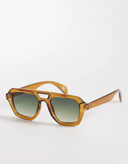 

Кристально-коричневые солнцезащитные очки-авиаторы угловой формы с зелеными линзами ASOS DESIGN