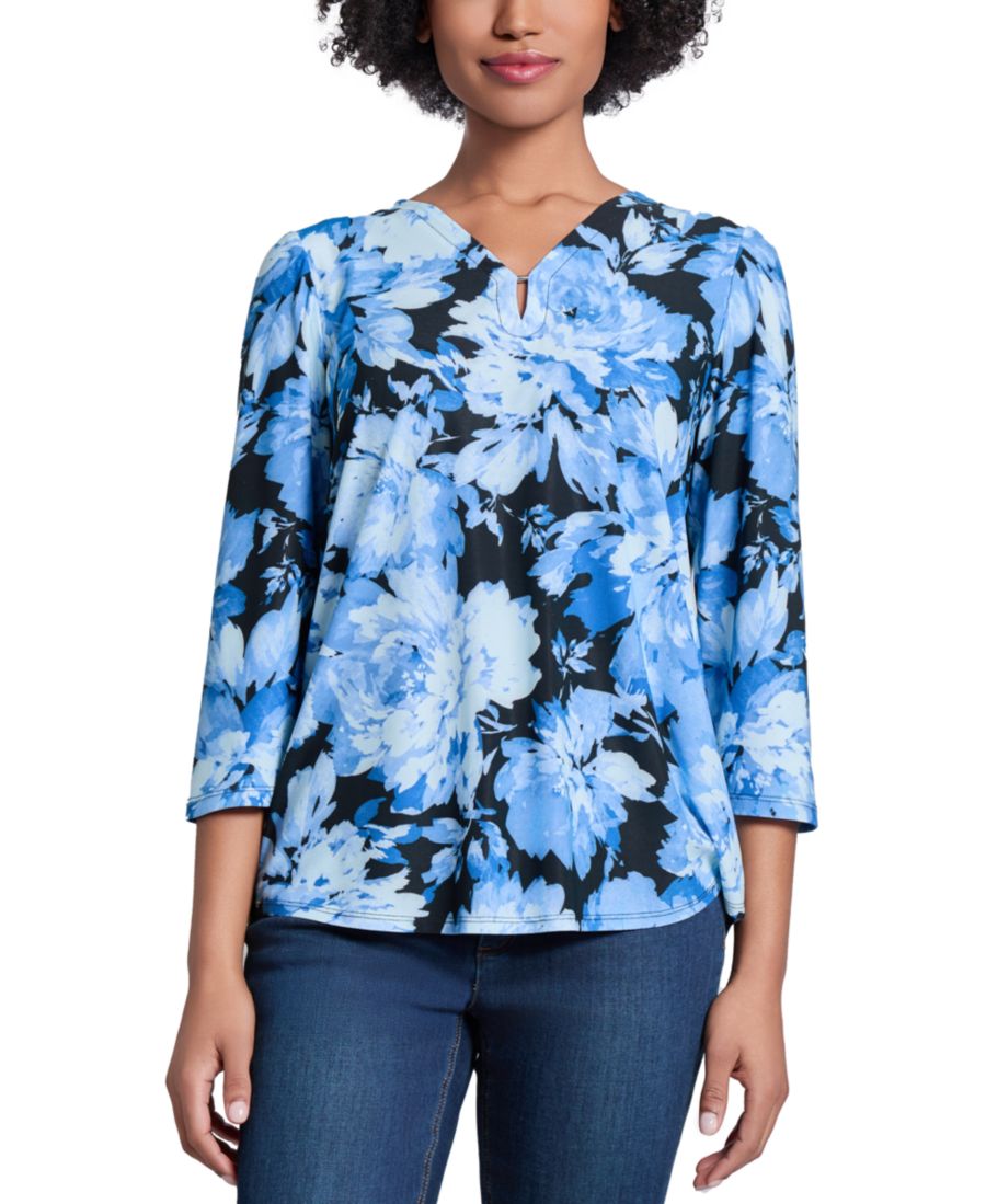 

Женская блузка из мохового крепа с V-образным вырезом и рукавами 3/4 Jones New York, Jones Black Multi