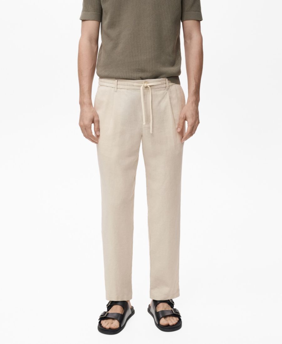 

Мужские льняные брюки приталенного кроя на шнуровке MANGO, Ecru