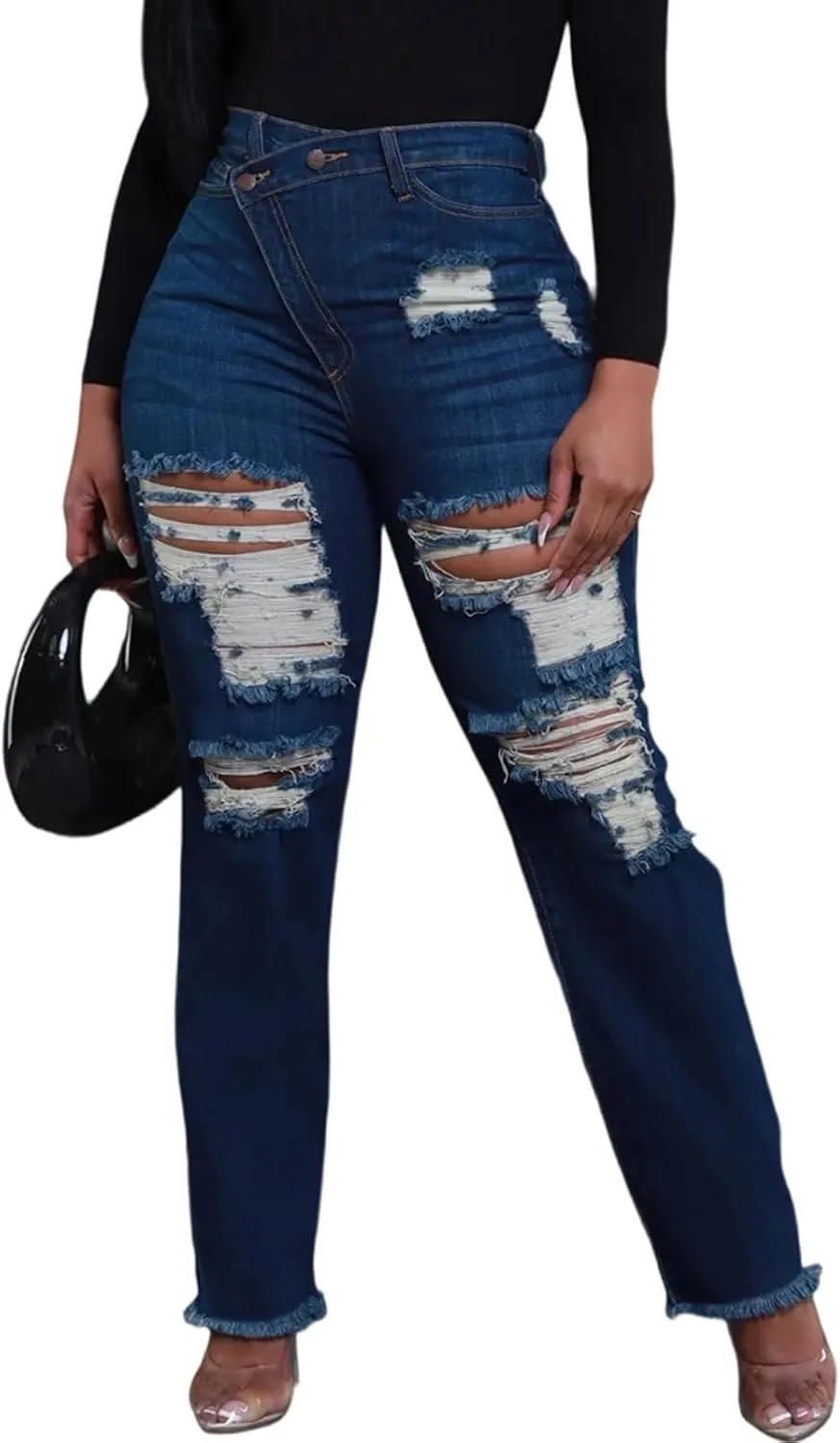 

ZonJie джинсы для женщин High Waist Wide Leg с эффектом потертости и рваным краем