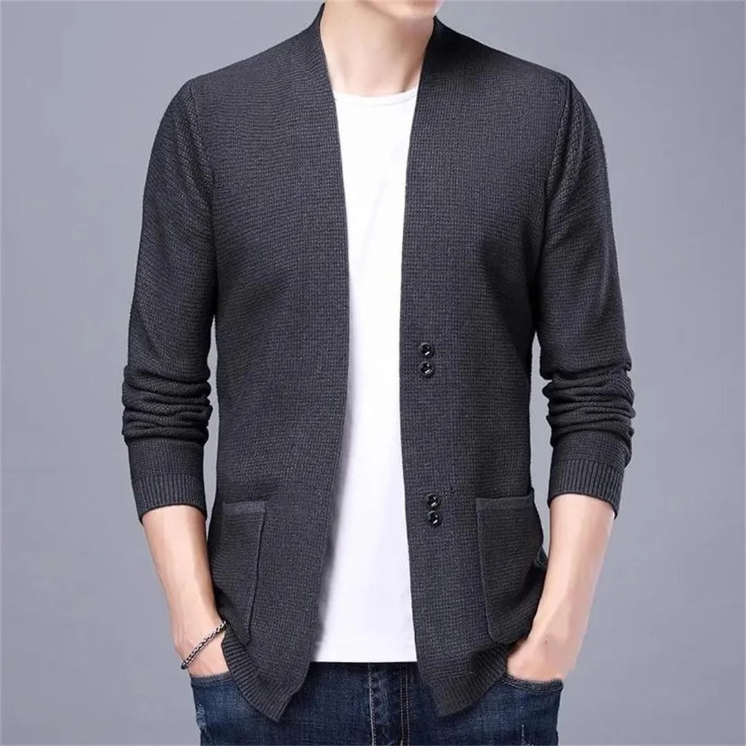 Мужской вязаный кардиган осень-зима slim fit свитер outerwear solid color V-образный вырез корейский вязаный кардиган — фото 2