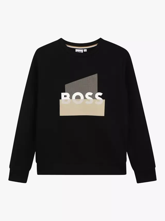 Детская толстовка с круглым вырезом и логотипом, черная HUGO BOSS