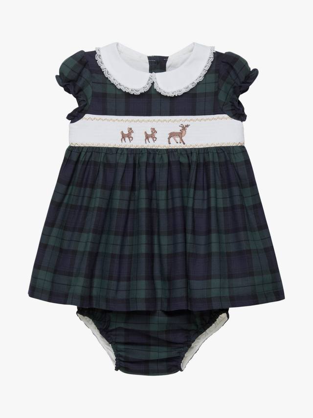 

Детское платье с пышными рукавами и клетчатым принтом с оленями Trotters, Navy/Multi