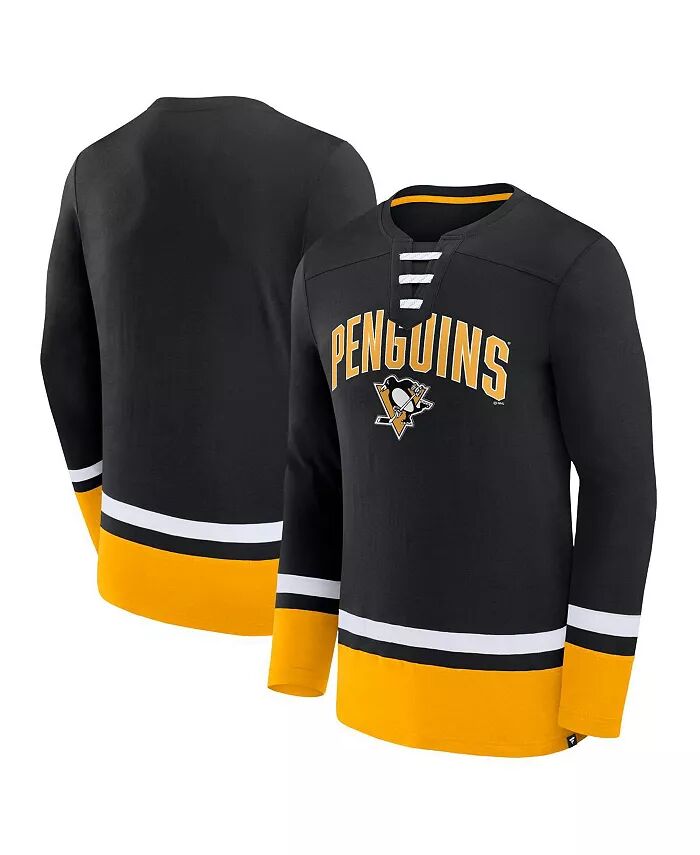 

Мужская черная футболка Pittsburgh Penguins Back Pass со шнуровкой и длинным рукавом Fanatics