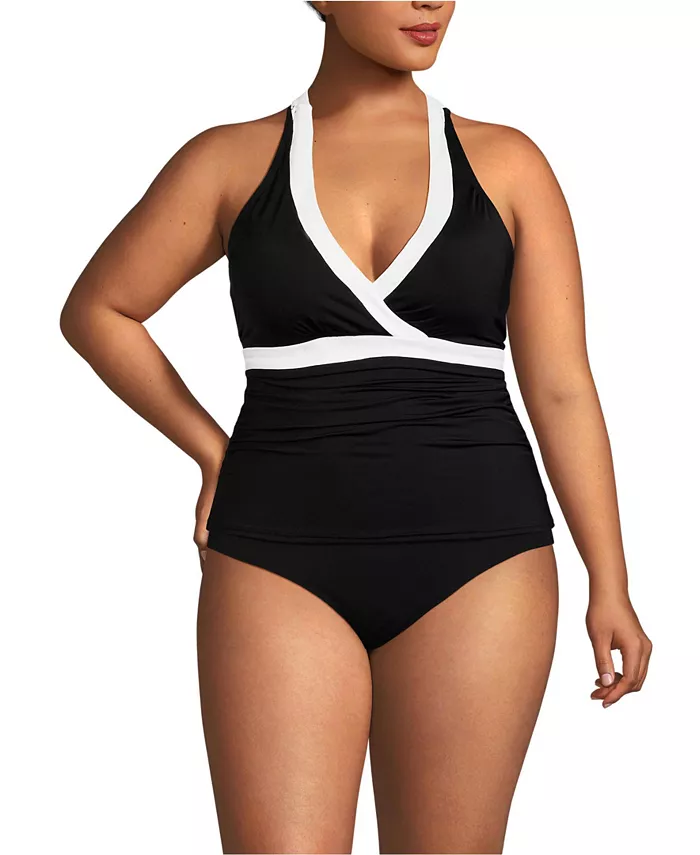 

Топ-танкини с V-образным вырезом и бретелями на шее Plus Size Lands' End, черный