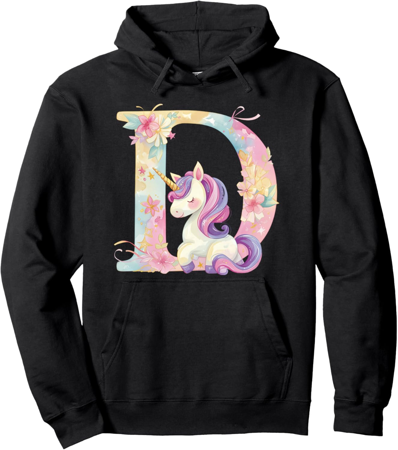 

Худи с монограммой D в виде единорога с инициалом буквы D, черный Unicorn Alphabet Tees Nyc