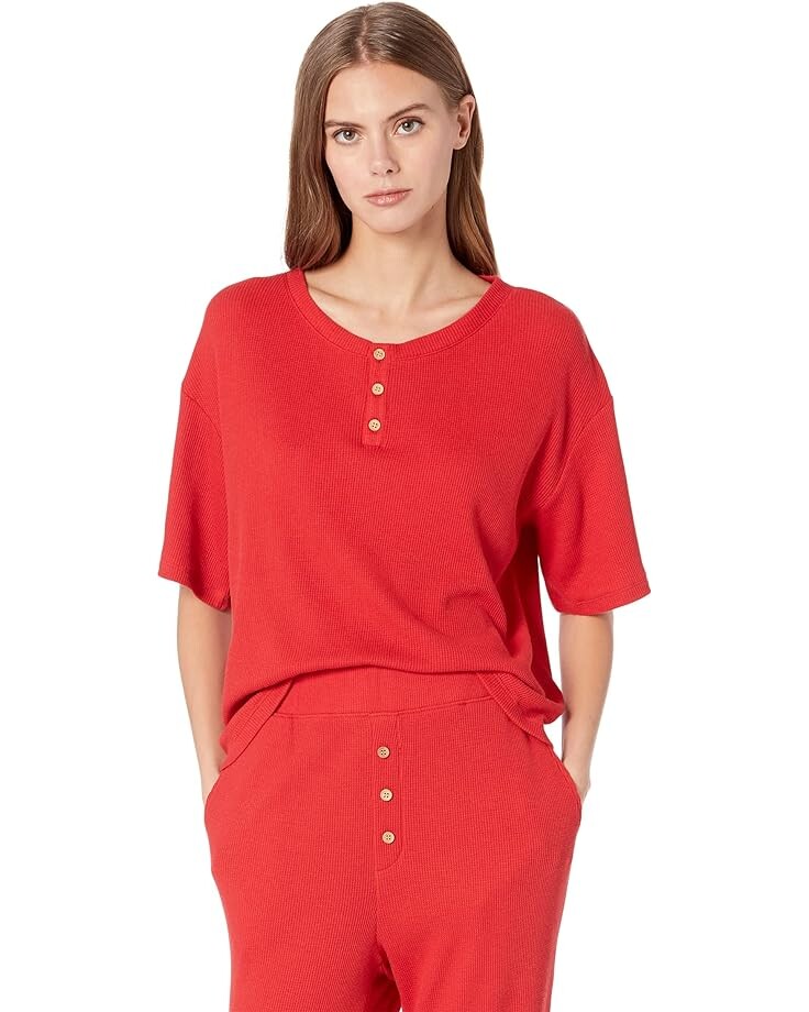 

Пижамный комплект Eberjey Cozy Waffle - Henley Short Sleeve Long PJ Set, цвет Haute Red