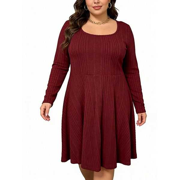 

Платье Plus size с длинным рукавом однотонное элегантное и комфортное для любого случая Seoria, Wine Red