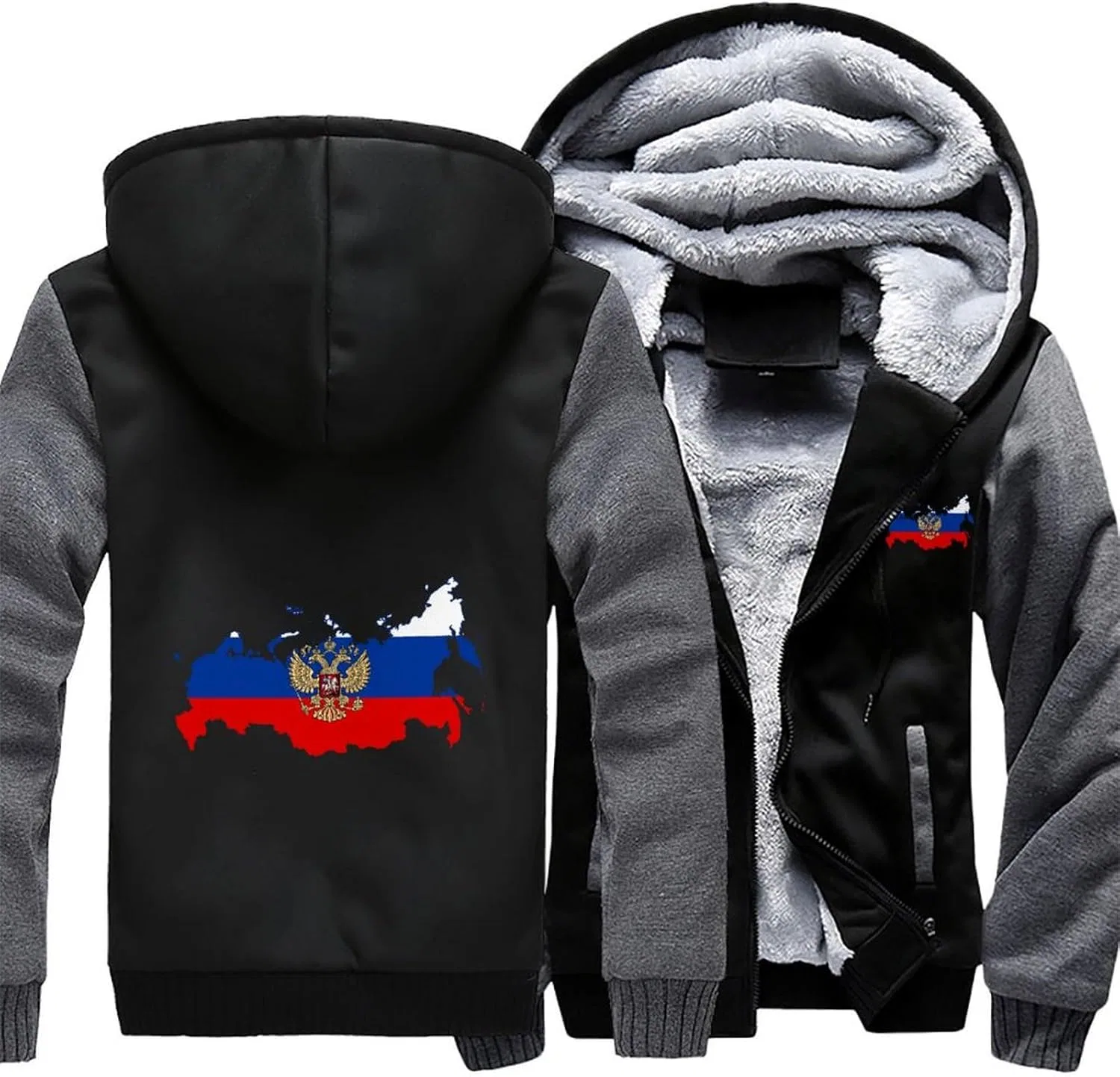 Теплая мужская толстовка с капюшоном и картой России «Русский орел», толстовка из плотного флиса, куртка на молнии с карманами, зимняя — фото 3