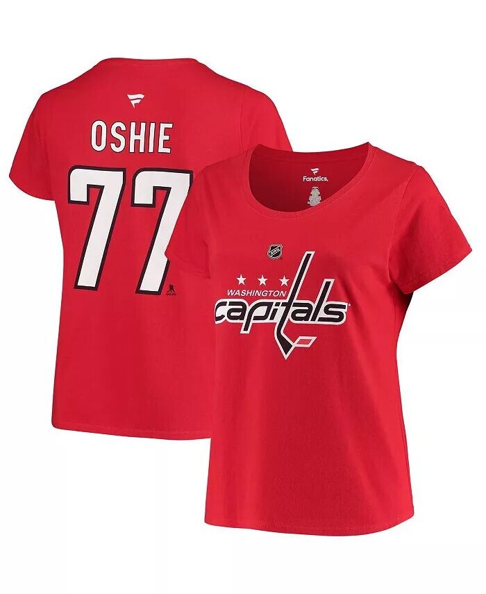 

Женская красная футболка размера плюс с круглым вырезом TJ Oshie Washington Capitals с именем и номером Fanatics