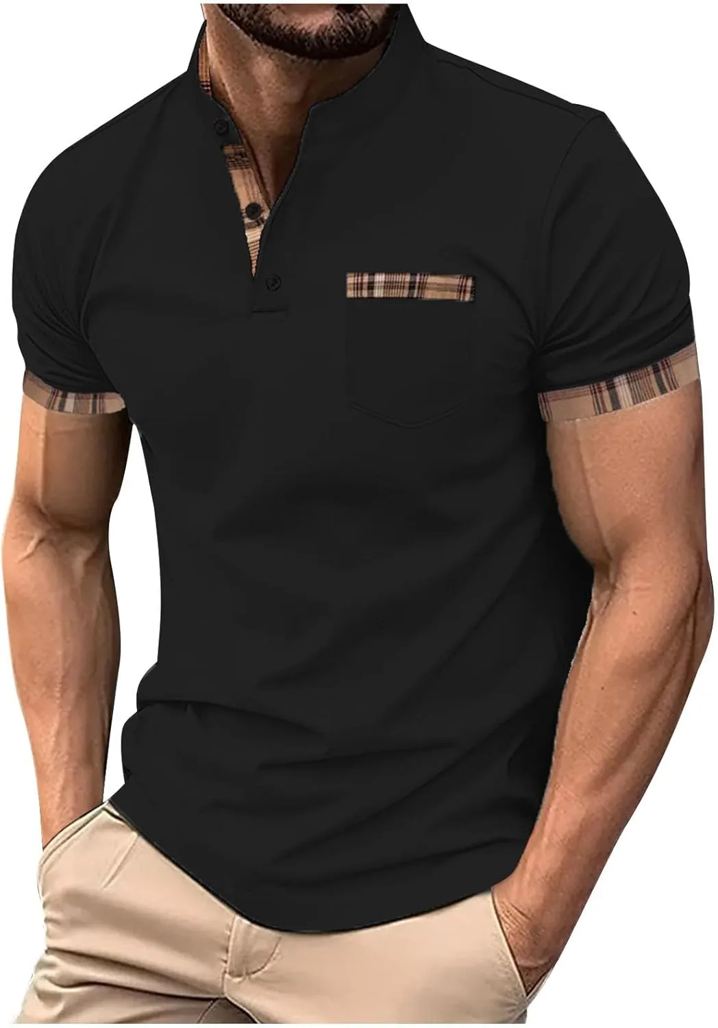 

Мужская футболка хенли с воротником стойкой и коротким рукавом QUNPIU