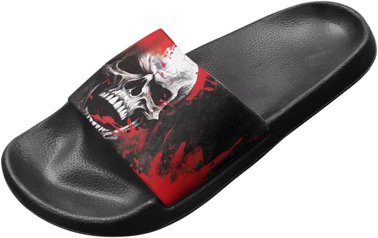 

Сандалии Binienty с одной полоской для женщин и мужчин, нескользящие, повседневные, для прогулок, пляжные шлепанцы с поддержкой свода стопы, Red Ink Splash Skull