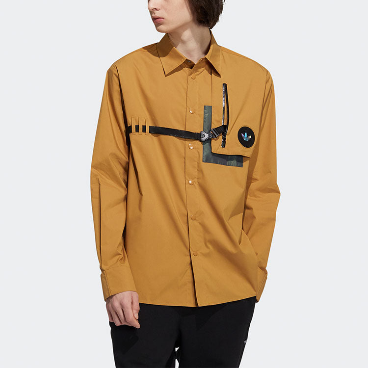 Рубашка Men's adidas originals Prem Wvn Lshirt Lapel Chest Long Sleeves Wheat Brown Shirt — фото 4