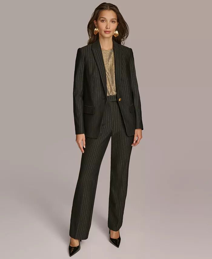 

Женский блейзер в тонкую металлическую полоску и прямые брюки Donna Karan New York, серый