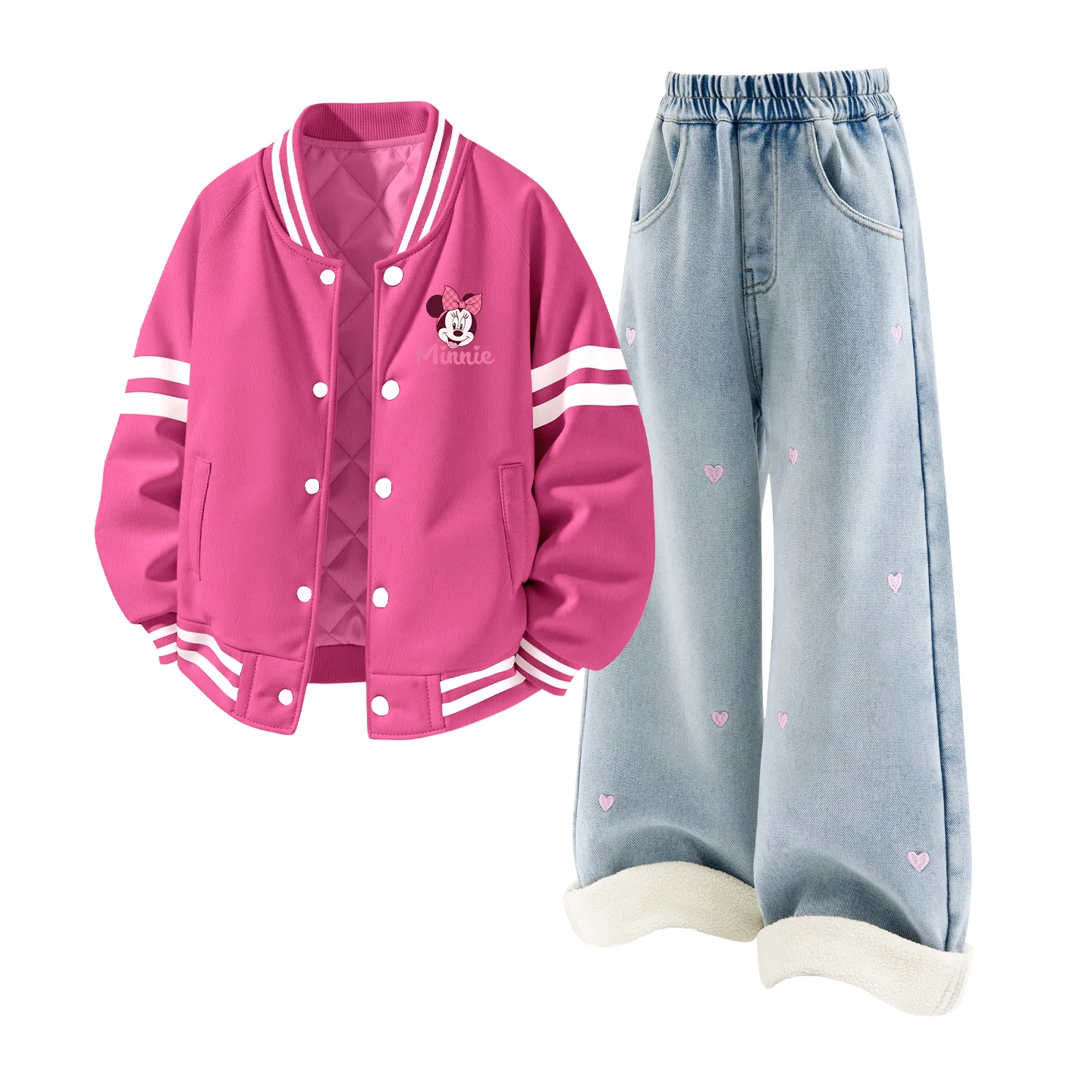 Детская повседневная спортивная футболка с круглым вырезом Disney, [Thickened and Fleece-Lined]Di Headband in Rose Red+Solid Color Denim Light Blue