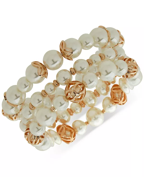 

Золотистый браслет с имитацией жемчуга, 3 ряда, эластичный Anne Klein, pearl