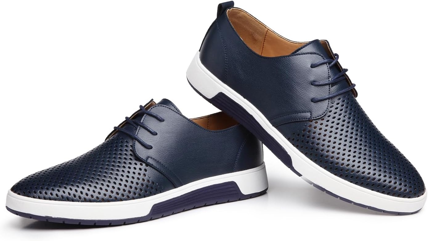 Мужские дышащие летние кроссовки WELRUNG с шнуровкой, перфорированные, стиль Оксфорд, повседневные, для ходьбы и вождения, синий — фото 4