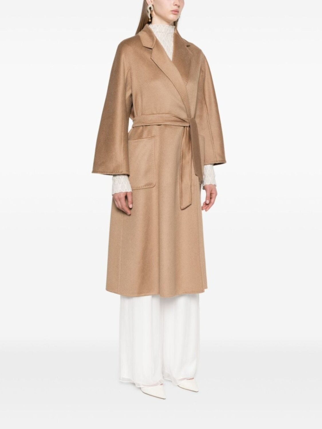 Max Mara пальто с заостренными лацканами и поясом, нейтральный цвет — фото 3