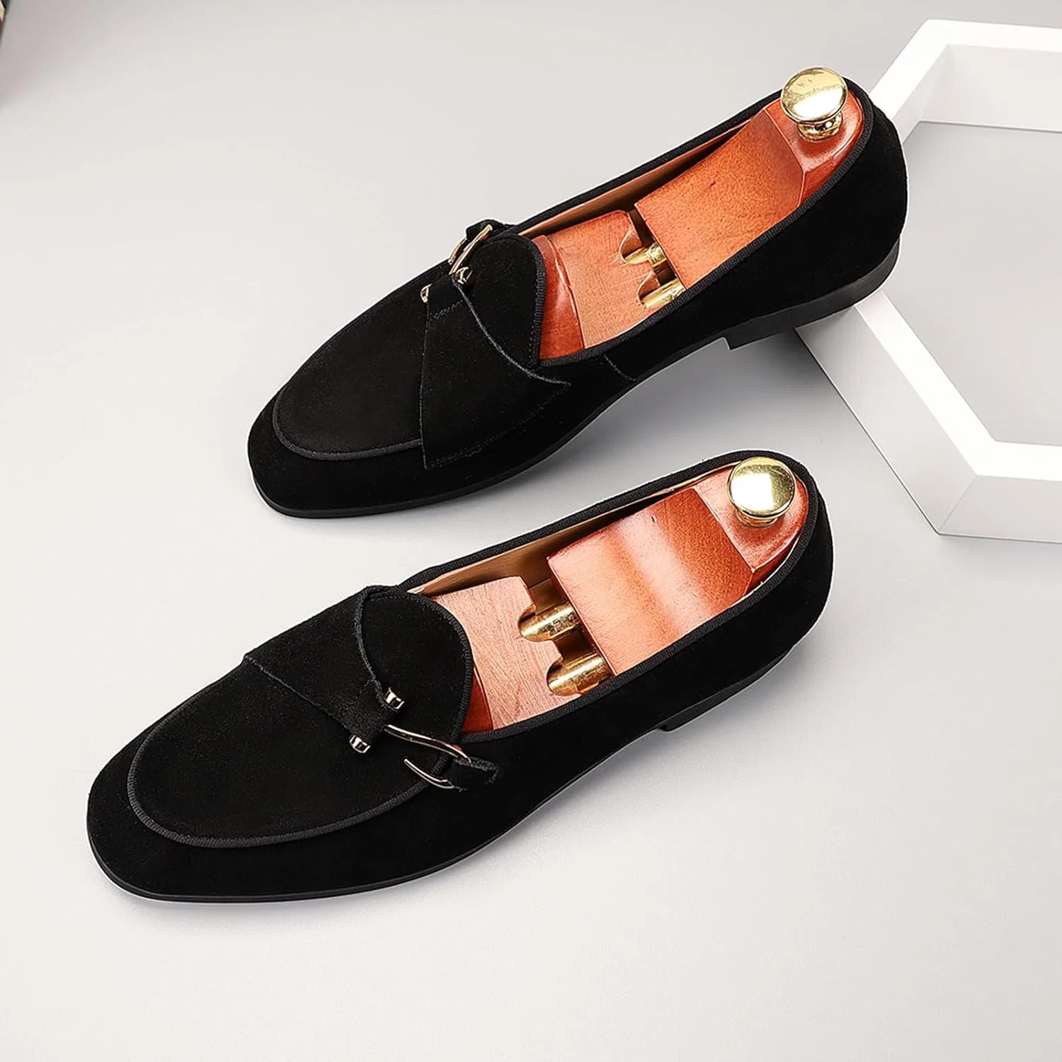 Лоферы кожаные замшевые, Monk Strap Slip-On, Black — фото 4